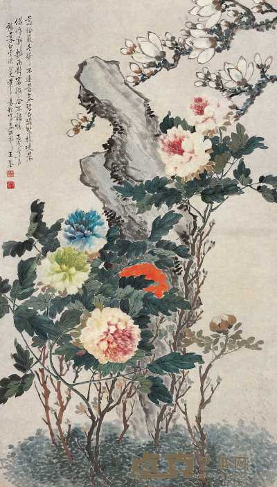 王銮 丙戌（1886年）作 牡丹 立轴 142.2×80.5cm